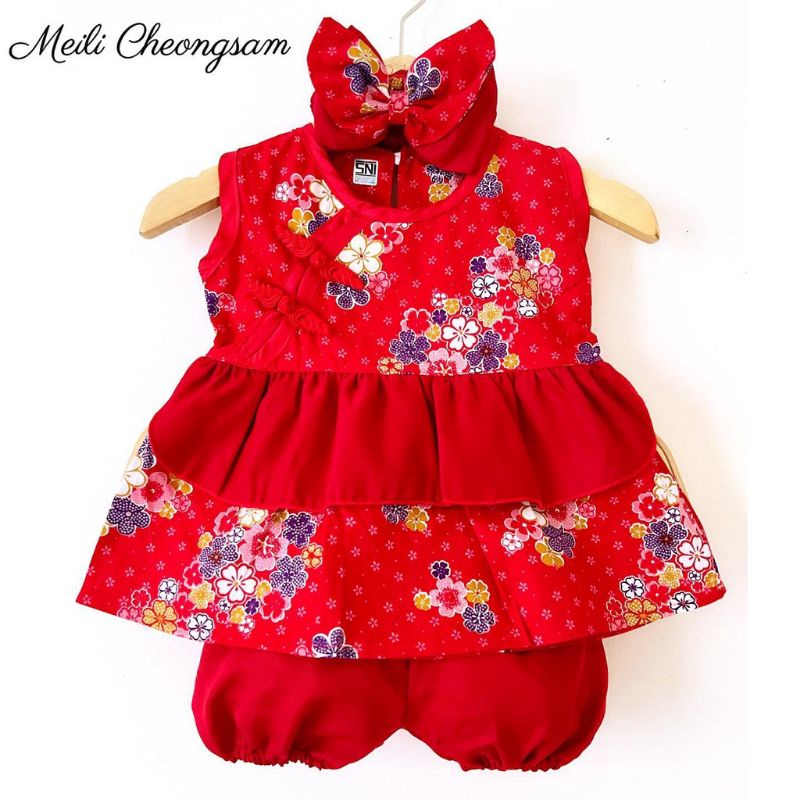 SETELAN IMLEK ANAK PEREMPUAN DRESS CHEONGSAM BABY DRESS / Baju setelan atasan cheongsam celana free bandana imlek XIAO MEI MEILI sincia fashion anak bayi perempuan cewek free bando