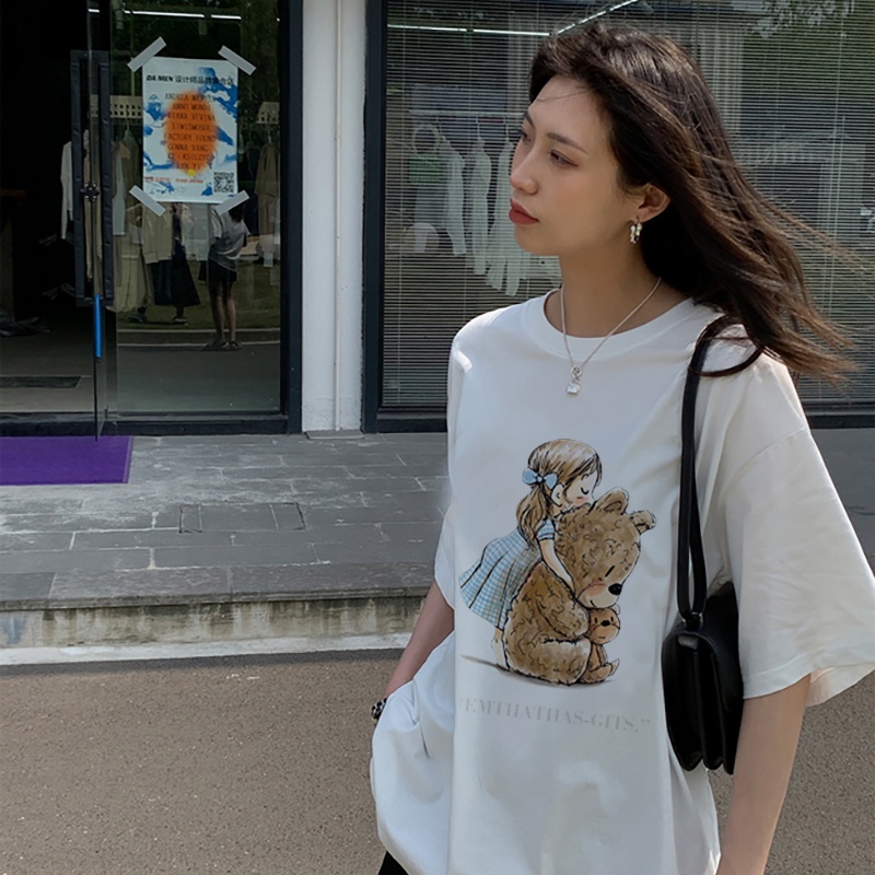 Print T-shirt Kaos Lengan Pendek Cartoon Bear girl Atasan Wanita Oversize Korean Style