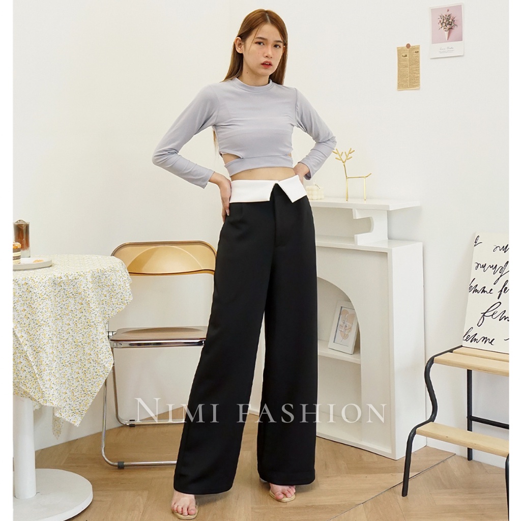 NIMI - Black Pink Celana Kulot Scuba Highwaist Premium Wide Leg Scuba Culottes