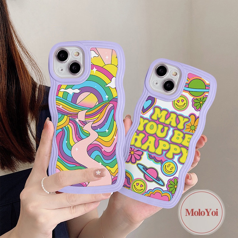 IPHONE Casing Case Compatible Untuk Iphone6 6s 78 Plus 11 13 12 14 Pro Max XR X XS Max14 Plus 7Plus 8Plus SE 2020 Wavy Edge Casetify Warna Warni Rainbow Smile Wish You a Happy Label Soft TPU Cover