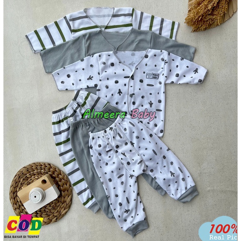 Isi 3 Setelan Baju Bayi Baru Lahir Lengan Panjang Kancing Depan Usia 0-3 Bulan Anababy