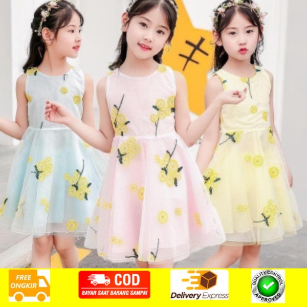 Unik Dress Anak Import Japanese flower - Biru Muda size 110 Berkualitas