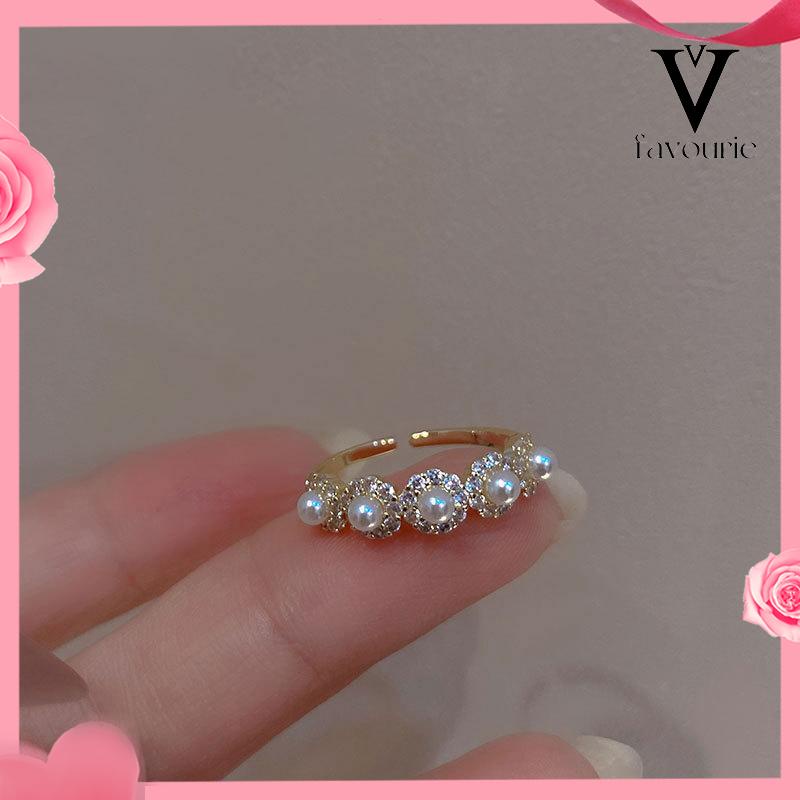 CODDouble-layer Retro Pearl Diamond Ring Niche Light Desain Mewah Cincin Dapat Disesuaikan Terbuka-FA