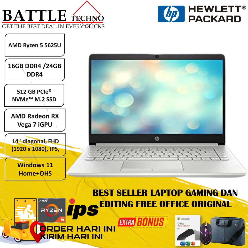 LAPTOP GAMING TERBARU HP 14S FQ2035AU AMD RYZEN 5 5625U 24GB 512GB 14 FHD IPS BACKLIT  WIN11HOME TERLARIS