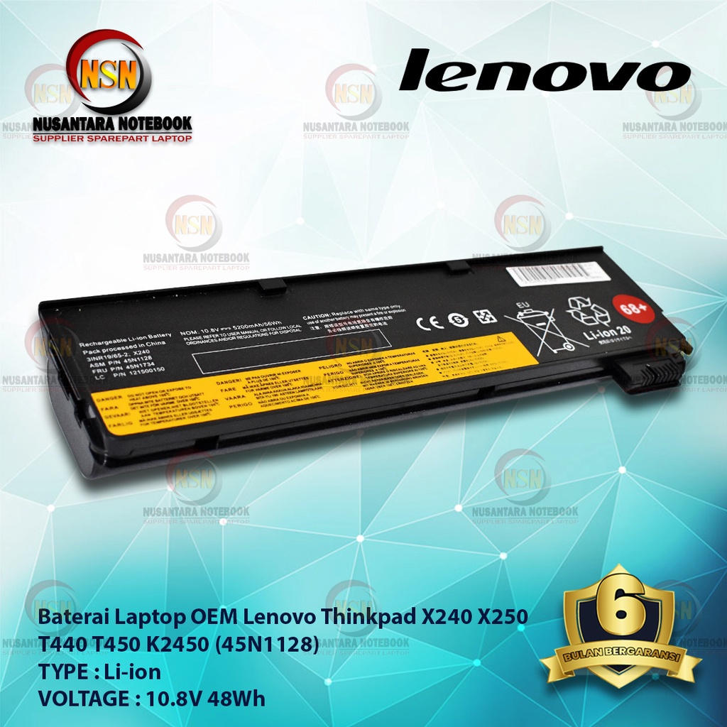 Baterai OEM Lenovo ThinkPad X240 X240S X250 X260 X270 45N1128 45N1736 68+ 10.8V 48Wh