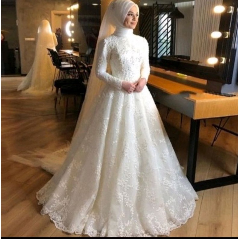 Gaun pengantin syar'i brukat murah