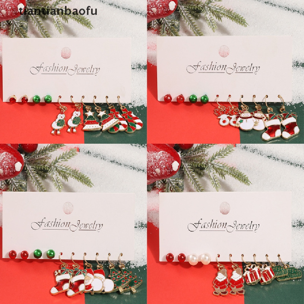 [tiantianbaofu] 5pasang Fashion Anting Natal Xmas Tree Brown Elk Snowman Santa Claus Stud Earrings Christmas Drop Earrings Pesta Telinga Perhiasan Aksesoris Butik