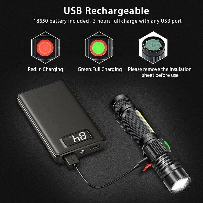 800LM LED Flashlight T6+COB USB Rechargeable Penlight Zoom Torch With Magnet