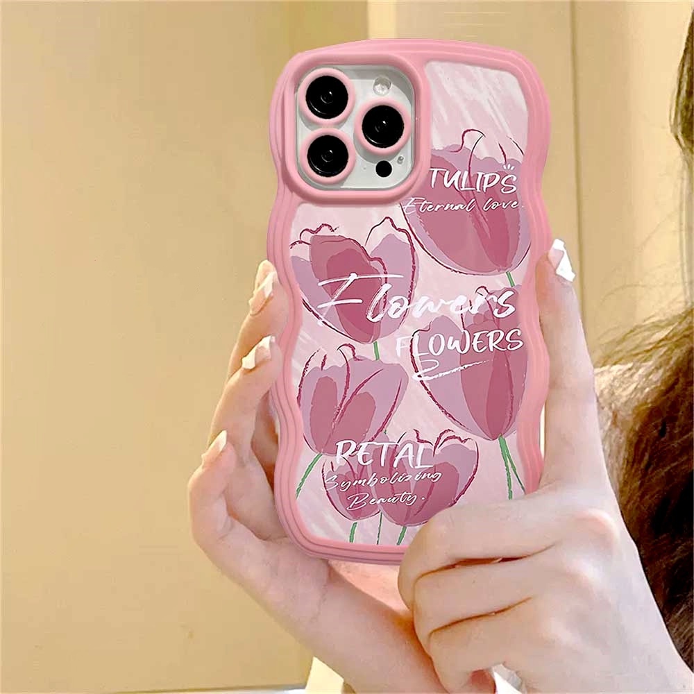 IPHONE Case Fashion Cocok Untuk Iphone11 14 12 13 Pro MAX iPhone7 8plus 6s Plus XR 14Plus XS MAX SE 2020 Cases Fashion Pink Love Hati Bunga Tulip Wavy Edge TPU Soft Phone Cover BY