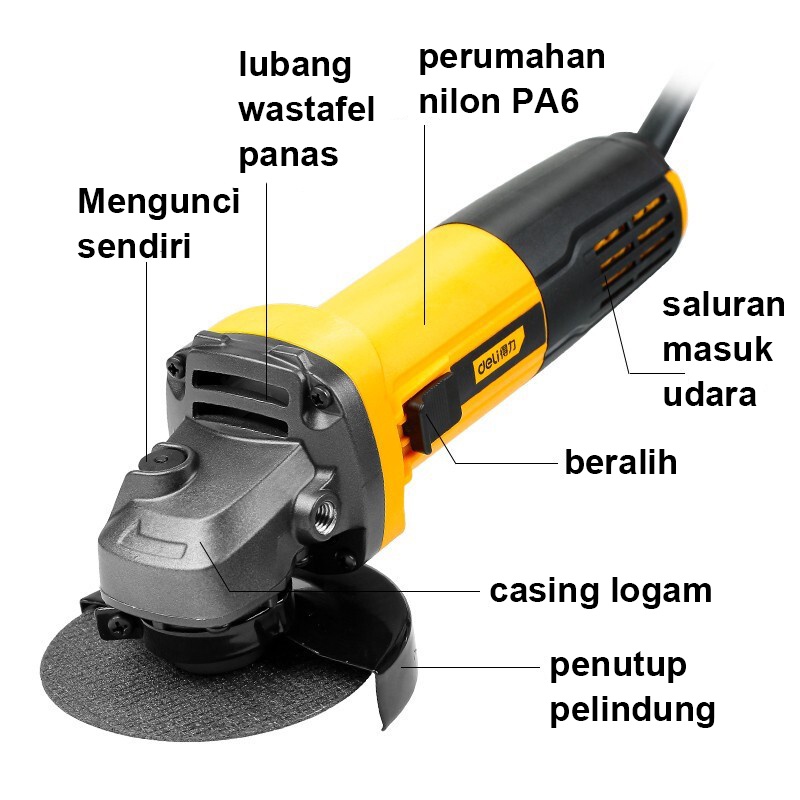 Deli Mesin Gerinda Tangan 4 Inci 750W 900W Mesin Grinda Tangan Poles Piringan Amplas Besar Diameter 100mm Alat Perkakas Angle Grinder