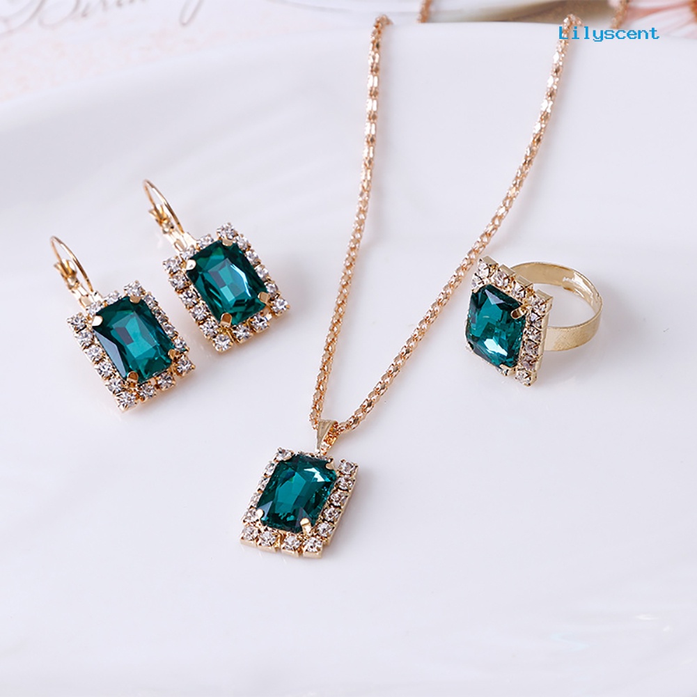 [LS] Set Perhiasan Fashion Wanita Perjamuan Pesta Pernikahan Kalung Anting Cincin Jari