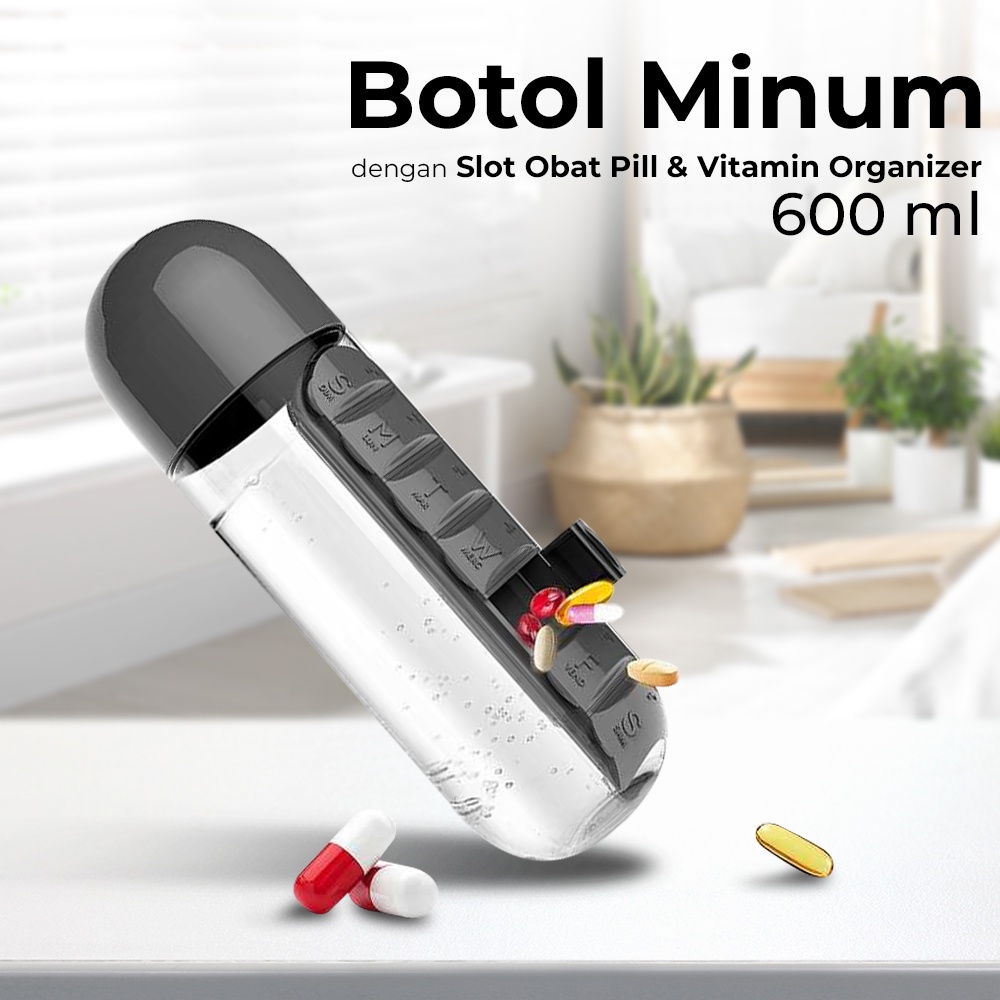 Botol Minum Unik dengan Slot Tempat Obat 600ML - J167 - OMHZVZBK Black
