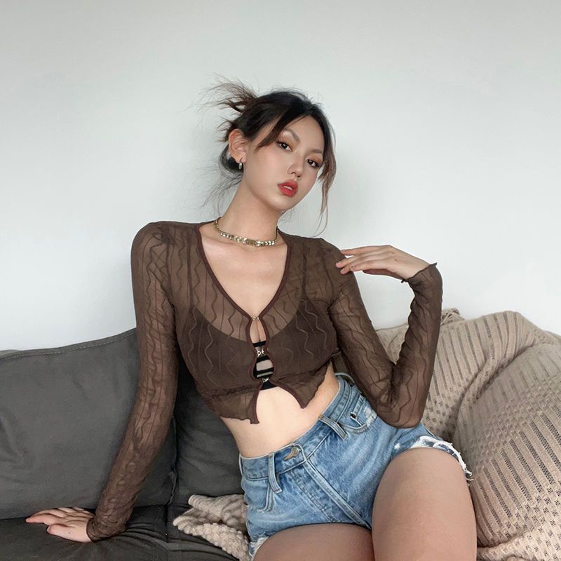 ◇☏✿Suhao Sisjune Eropa dan Amerika Hot Girls Seksi Mesh Lengan Panjang T-shirt Wanita In All-Match Tombol Slim fit Slim Cardigan Top