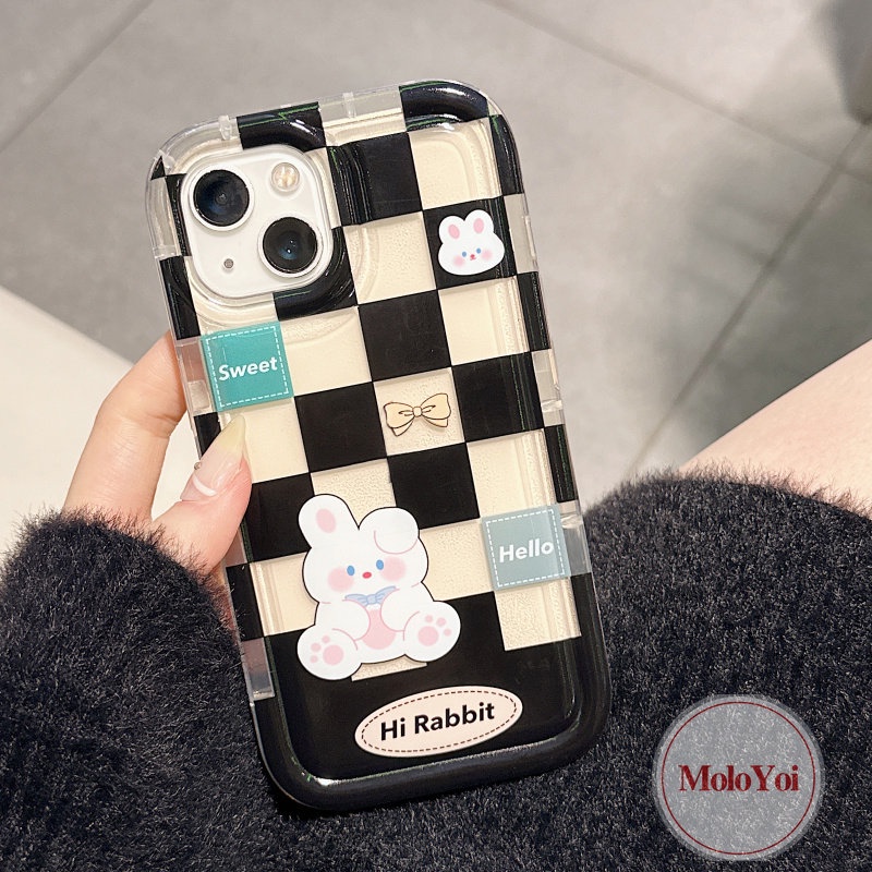 IPHONE Casing Pasangan Kotak-Kotak Case Kompatibel Untuk Iphone11 14 13 12 Pro MAX 7Plus 8Plus XR 78 6 6S Plus X XS MAX Beruang Lucu Kelinci Shockproof Airbag Lembut TPU Lovers Phone Case