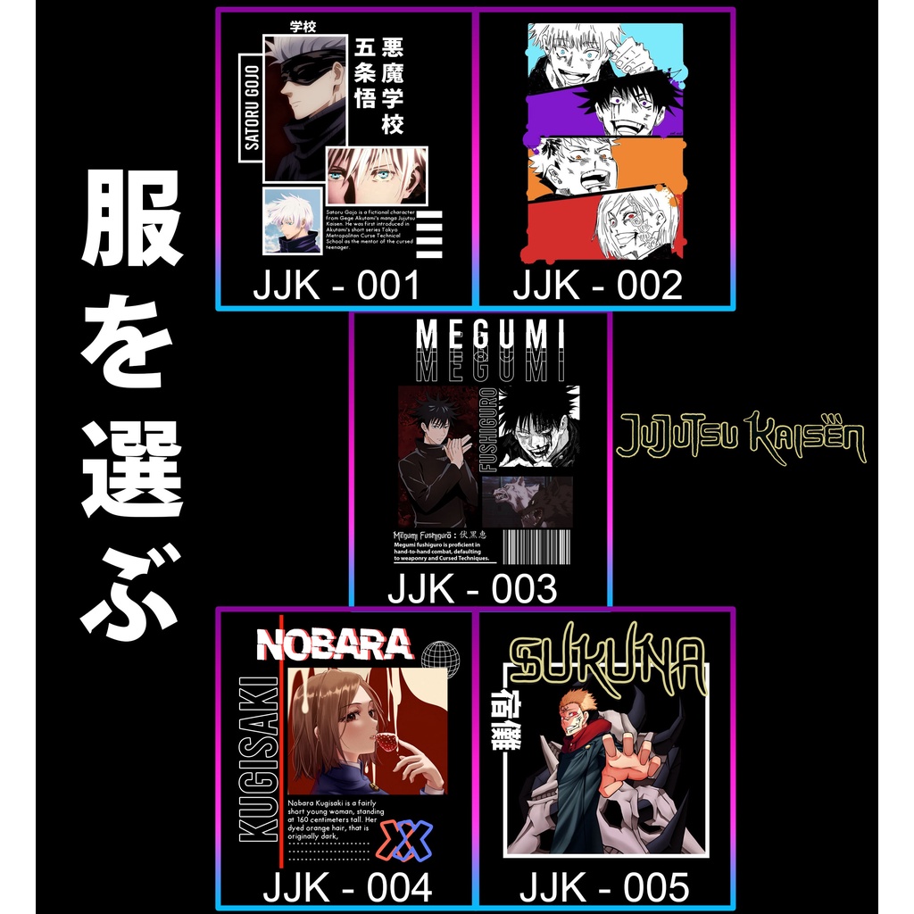 Kaos Anime Jujutsu Kaisen | Gojo Satoru | Megumi | Sukuna | Nobara