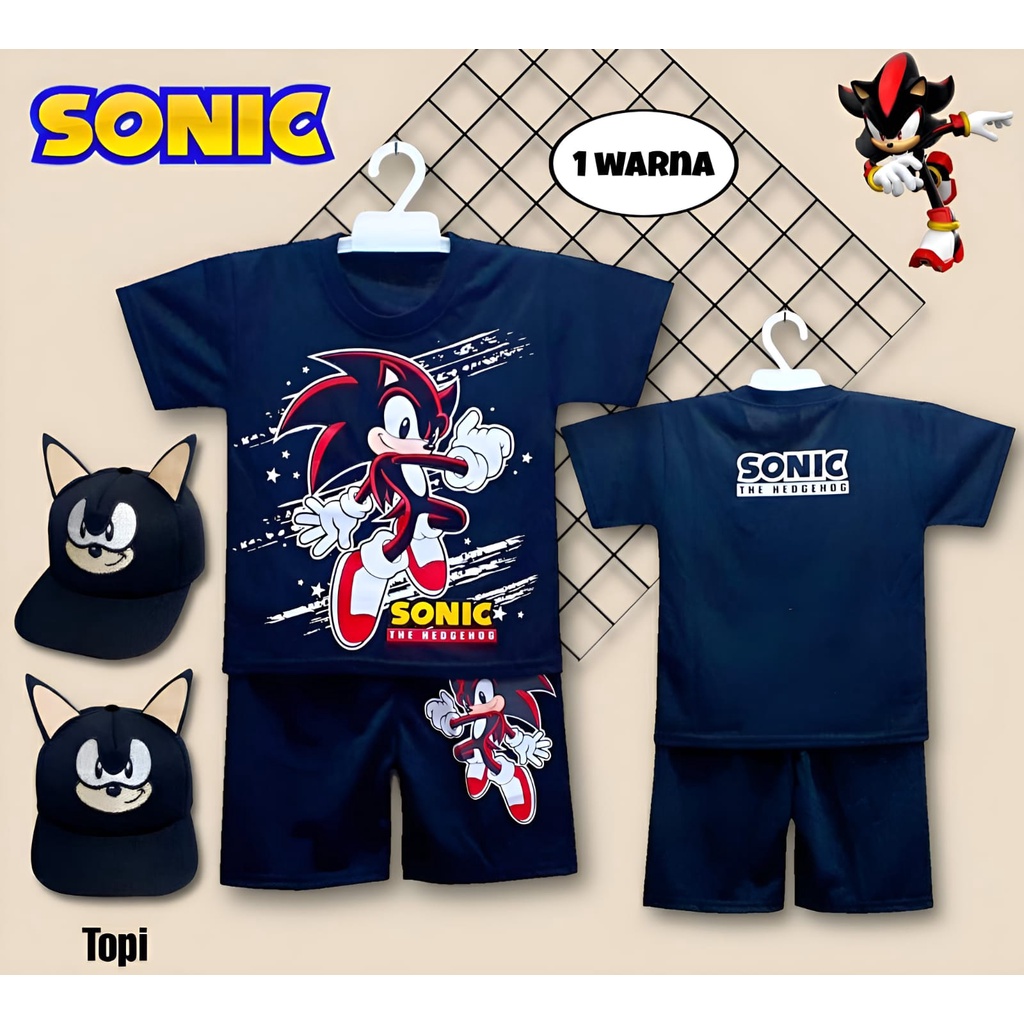 SETELAN BAJU ANAK SONIC HITAM FREE TOPI UNTUK ANAK 2-10 TAHUN BISA COD