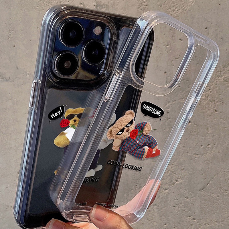 IPHONE Setelan Ganteng Beruang Shockproof Soft Phone Case Tahan Guncangan Kompatibel Untuk Iphone13 14 11 12 Pro XS Max X XR 78 6 6S Plus Casing Transparan TPU Cover