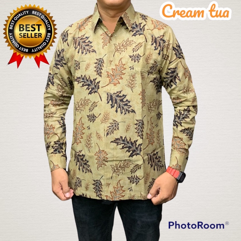 MOTIF TERBARU WARNA CREAM TUA,Baju Batik Pria Lengan Panjang lapisan furing hero,hitam ,warana cream,Batik Premium,Batik Modern,Batik Jumbo,Batik Solo,Batik Kantoran