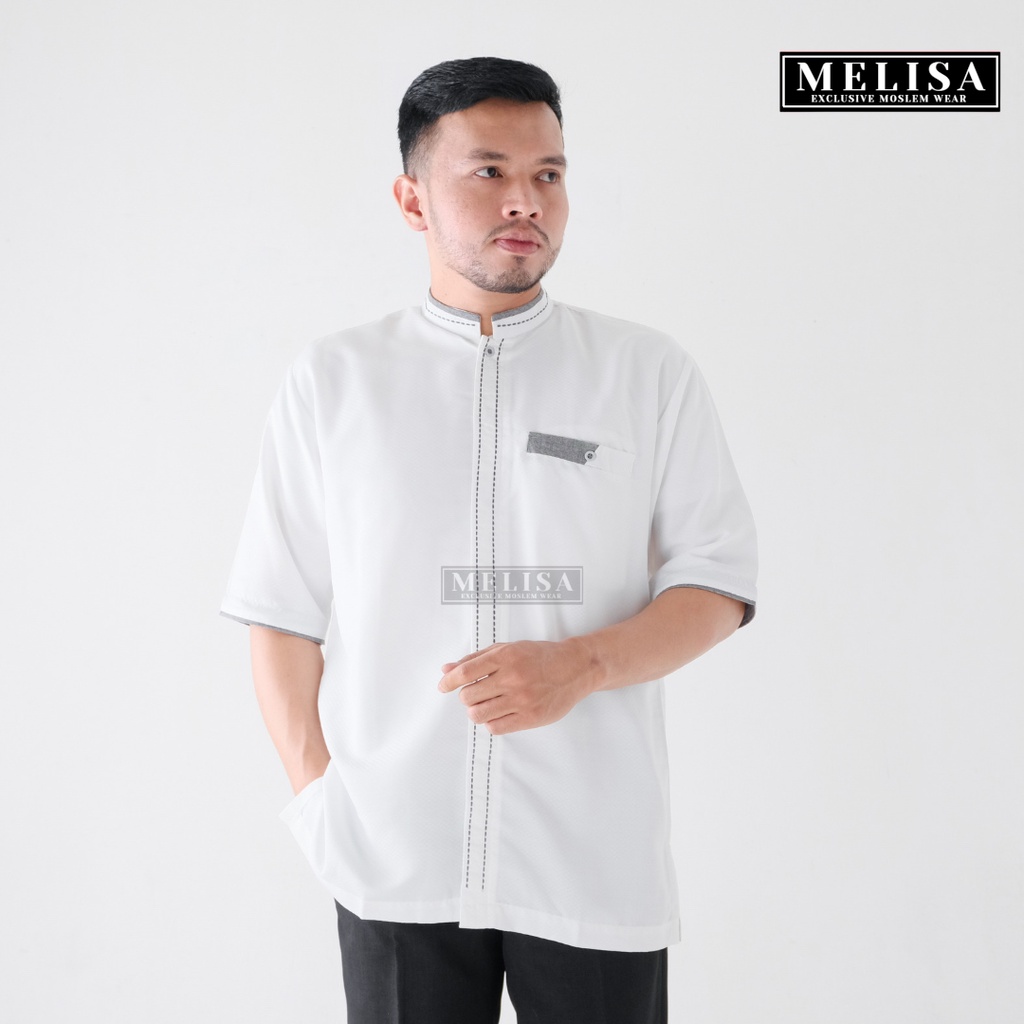 baju koko pria ukuran jumbo tangan pendek bahan poli katun warna putih tulang size 2XL 3XL 4XL XXL XXXL XXXXL Fashion Muslim Pria Terbaru