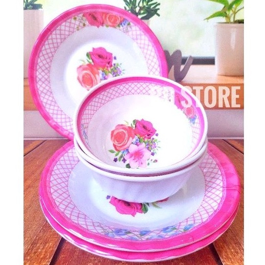 promo 6.pcs isi 3.piring 3.mangkok piring makan dan mangkok sayur melamine ulir motif rose