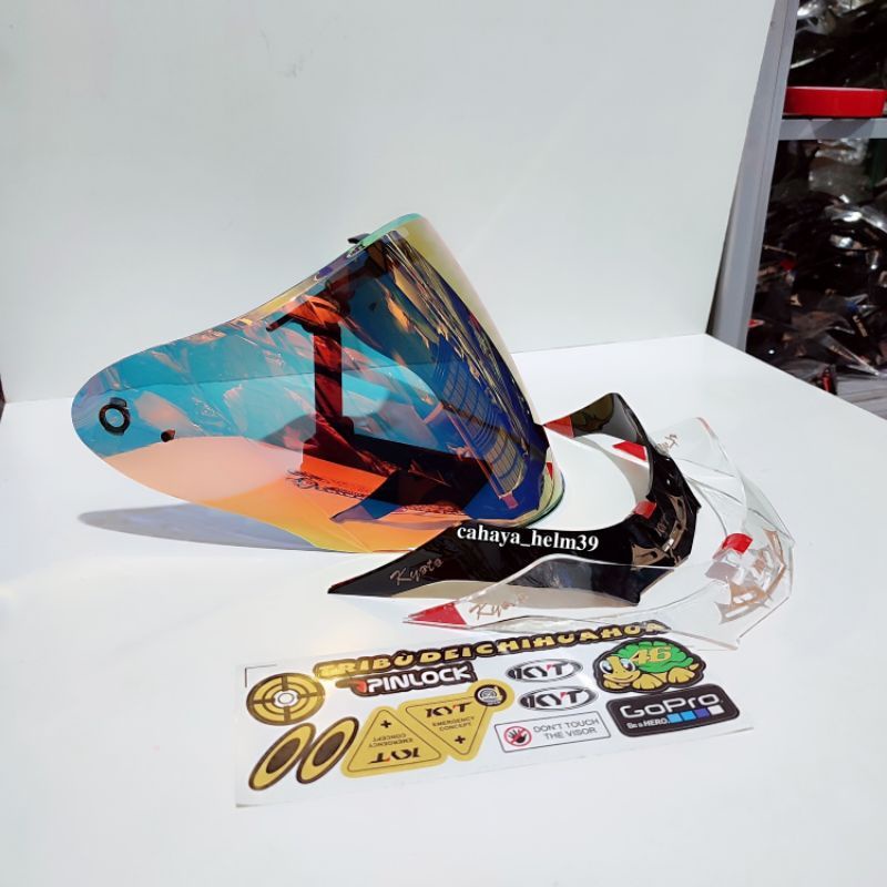 Paket Flat Visor Helm KYT DJ maru / kyt galaxy slide iridium silver / iridium blue + rachet + spoiler  + sticker visor