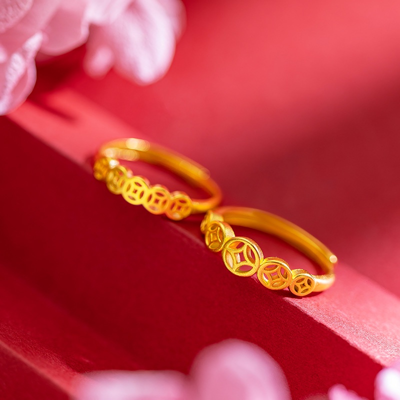 Goldkingdom Perhiasan Fashion Emas Asli Kadar 375 Bangkok Aksesoris Ready Stock Vintage Cincin Uang Dapatkan Kaya Tembaga Cincin Pasangan Sederhana Get Rich