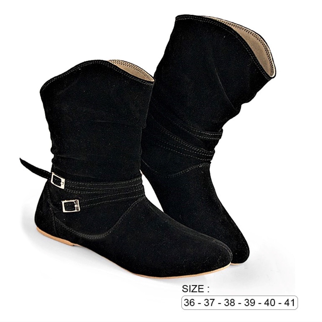 CRSIX Selly 009 Sepatu Boots Flat Wanita Zipper Sepatu Boots Korea Cowboy Style Black Matte Original