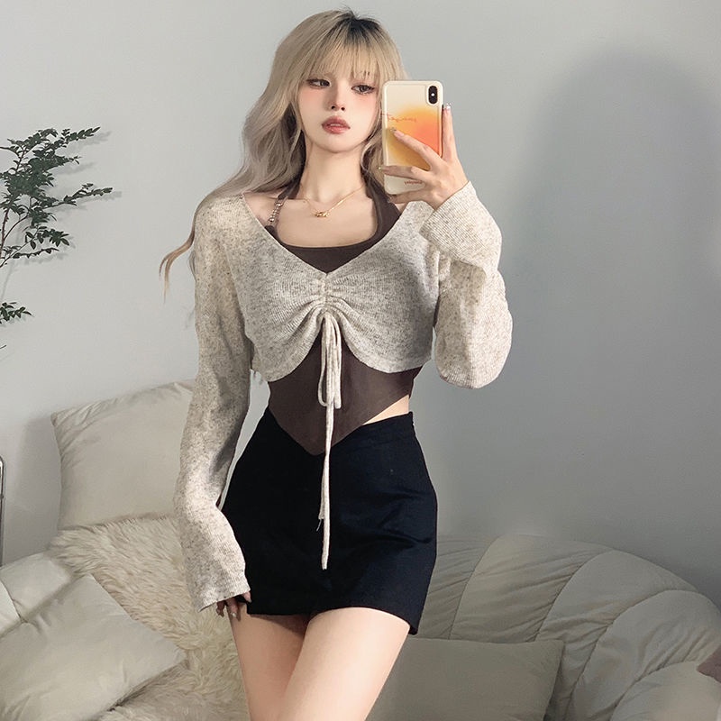 ✹Suhao Whatiwear Hot Girl Suasana Irregular Apron Menggantung Leher Suspender Wanita + Lengan Panjang T-shirt Dua Pakaian Kasual