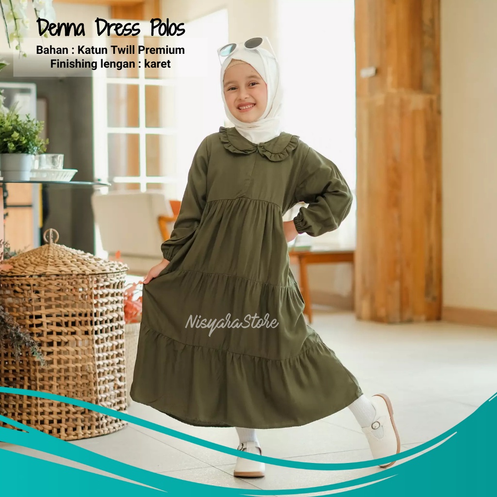 Baju Kemeja Dress Anak Perempuan Kekinian Fashion Muslim Hijab Bahan Katun Warna Hijau Army