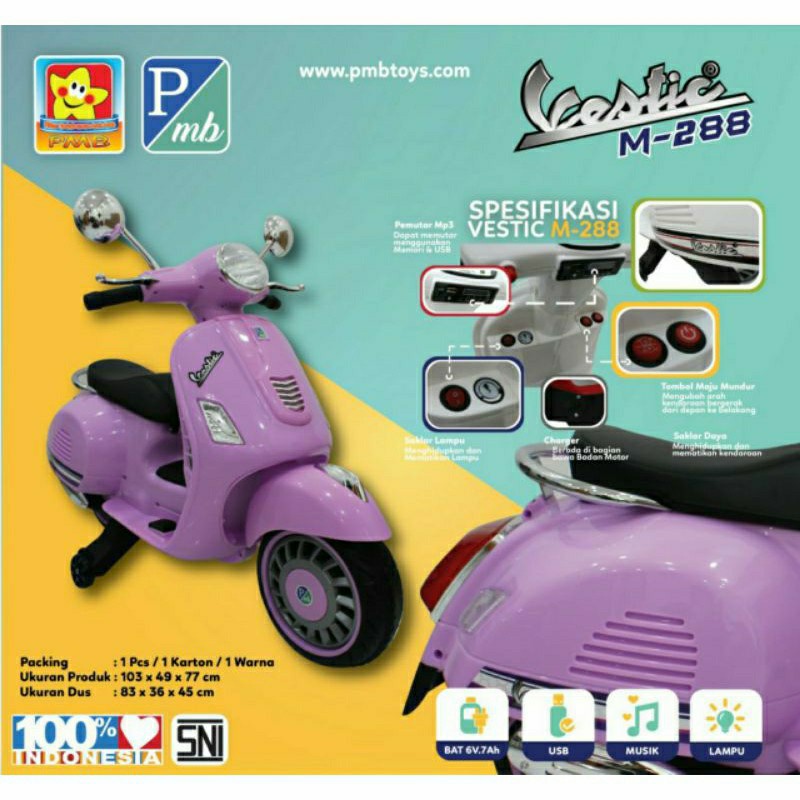 [ BONUS BUKU ] MOTOR AKI ANAK PMB M-288 , MAINAN ANAK MOTOR AKI VESPA METIC SCOOTER VESTIC PMB 288 V