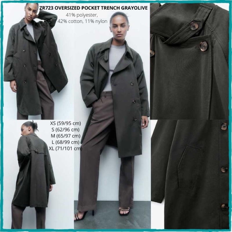 Coat Wanita Zr 723 Oversized Pocket Trench Grayolive