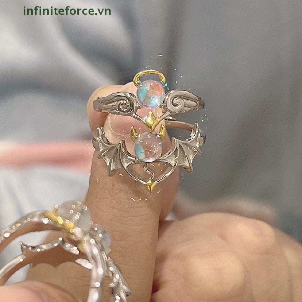 [INVN] Moonstone Angel and Demon Wings Cincin Pasangan Untuk Wanita Fashion Cincin Pembukaan Yang Dapat Disesuaikan Perhiasan Pesta [VN]