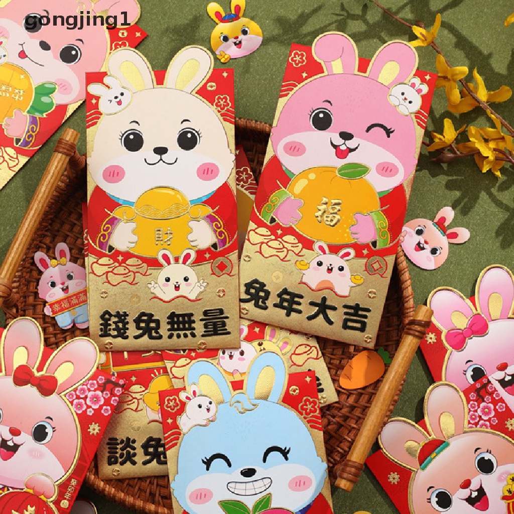 Ggg 6Pcs 2023tahun Kelinci Kartun Uang Keberuntungan Lion Dance Amplop Merah Tiga Dimensi Bless Bag Festival Musim Semi Hongbao ID