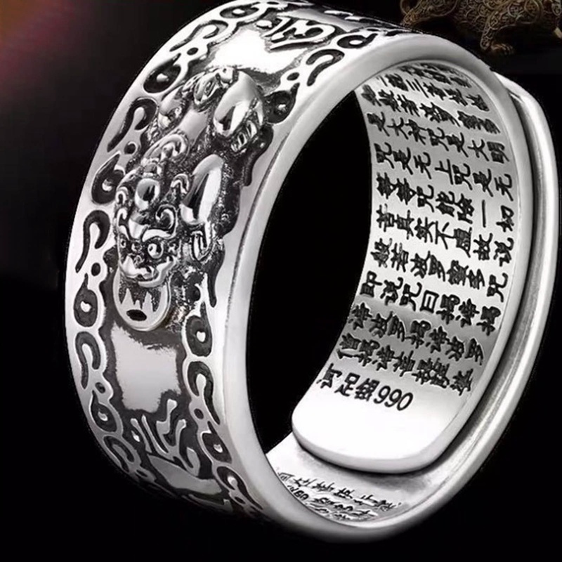 Wanita Pria Feng Shui Pixiu Charms Kekayaan Keberuntungan Cincin/ Mantra Buddha Aksara Kitab Suci Jimat Kekayaan Terbuka Adjustable Silver Rings