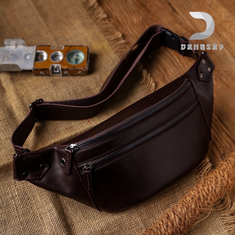 Big Sale Tas Selempang Waistbag Pinggang Kulit Pria 100% Kulit Sapi Asli Anti Air Anti Panas Murah