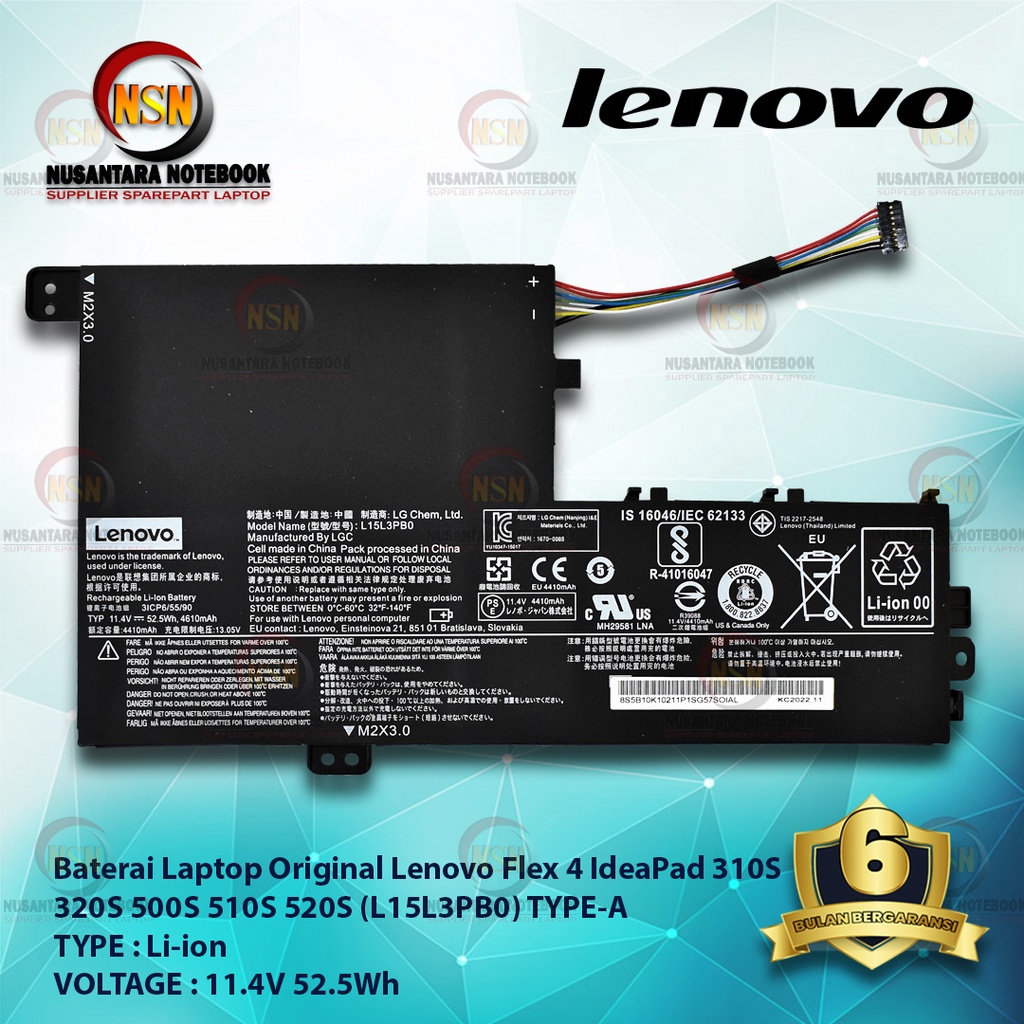 Baterai Original Lenovo Flex 4 310S 320S 11.4V 52.5Wh L15L3PB0 Type-A