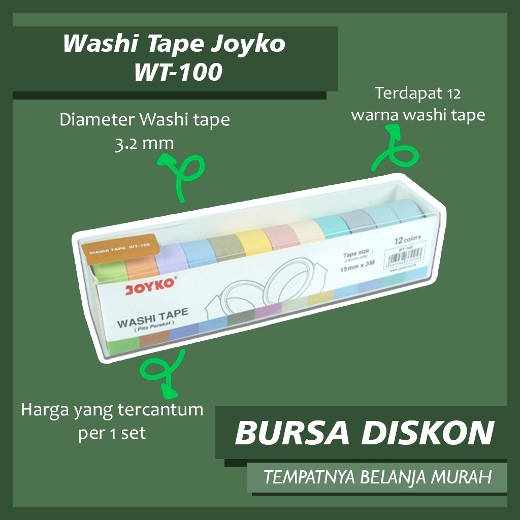 Washi Tape Set Joyko WT-100 12 Warna Perekat Kertas Selotip Warna Lucu