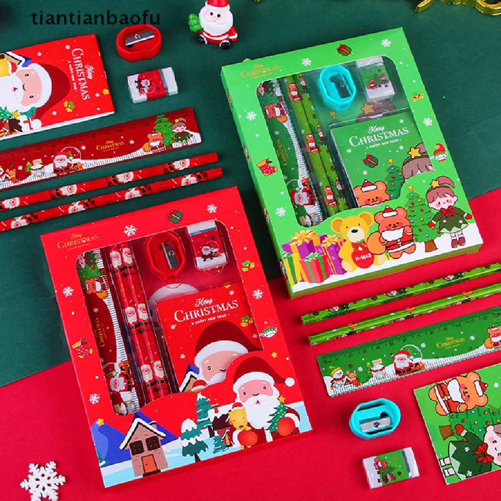 6pcs / Set Pensil + Penghapus + Penggaris + Serutan + Rautan + Rautan Motif Natal Untuk Stationery Anak / Sekolah / Kantor