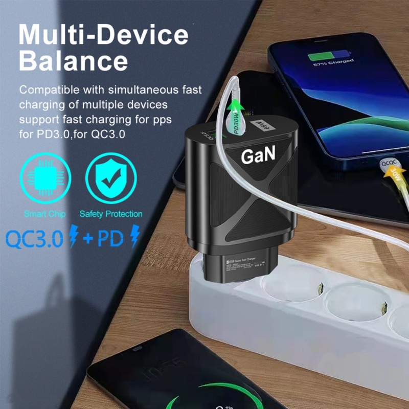 Zzz Portable 65W GaN Fast Charge Adapter Tipe C USB PD Quick Charging Block Pengisi Daya Tegangan Lebar Untuk Tablet Laptop