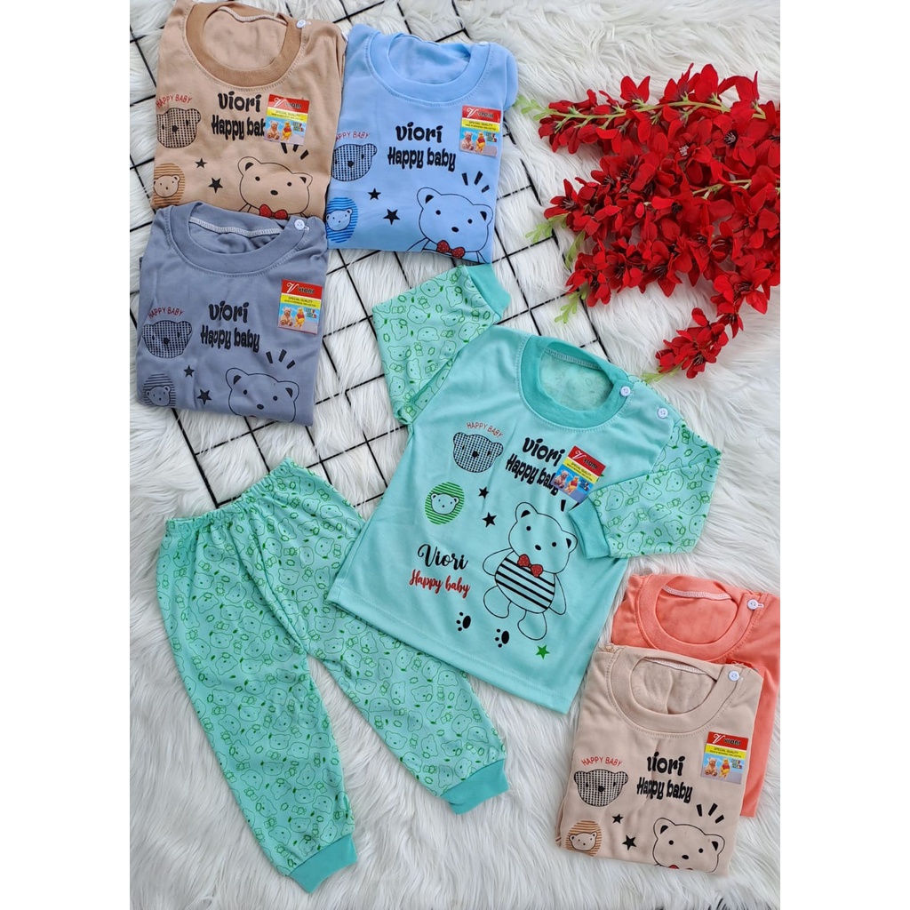 stelan baju bayi laki laki perempuan lucu murah motif HAPPY BEAR DASAR WARNA PANJANG 3-18 bulan