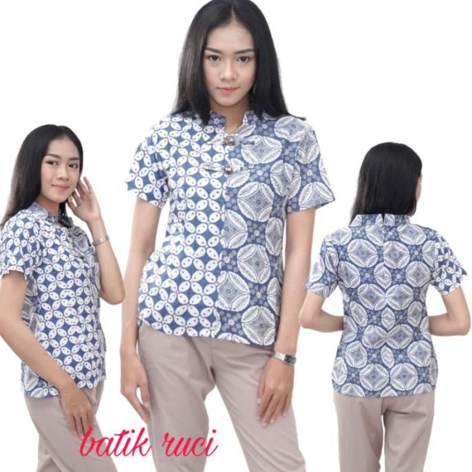 Blouse batik wanita atasan modern model motif kombinasi lengan pendek