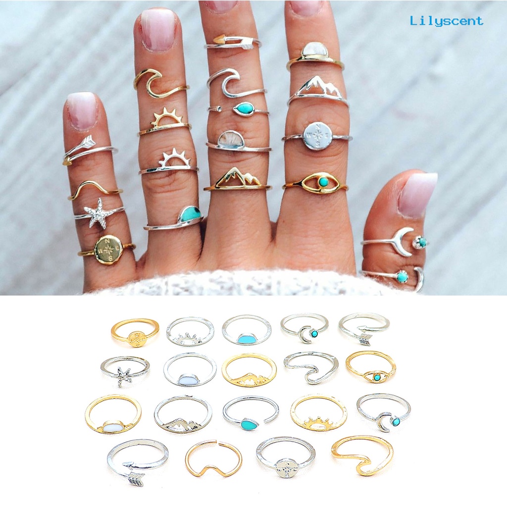 [LS]19Pcs Gelombang Pembukaan Adjustable Boho Cincin Boho Gaya Etnik Turquoise Finger Rings Perhiasan Aksesori