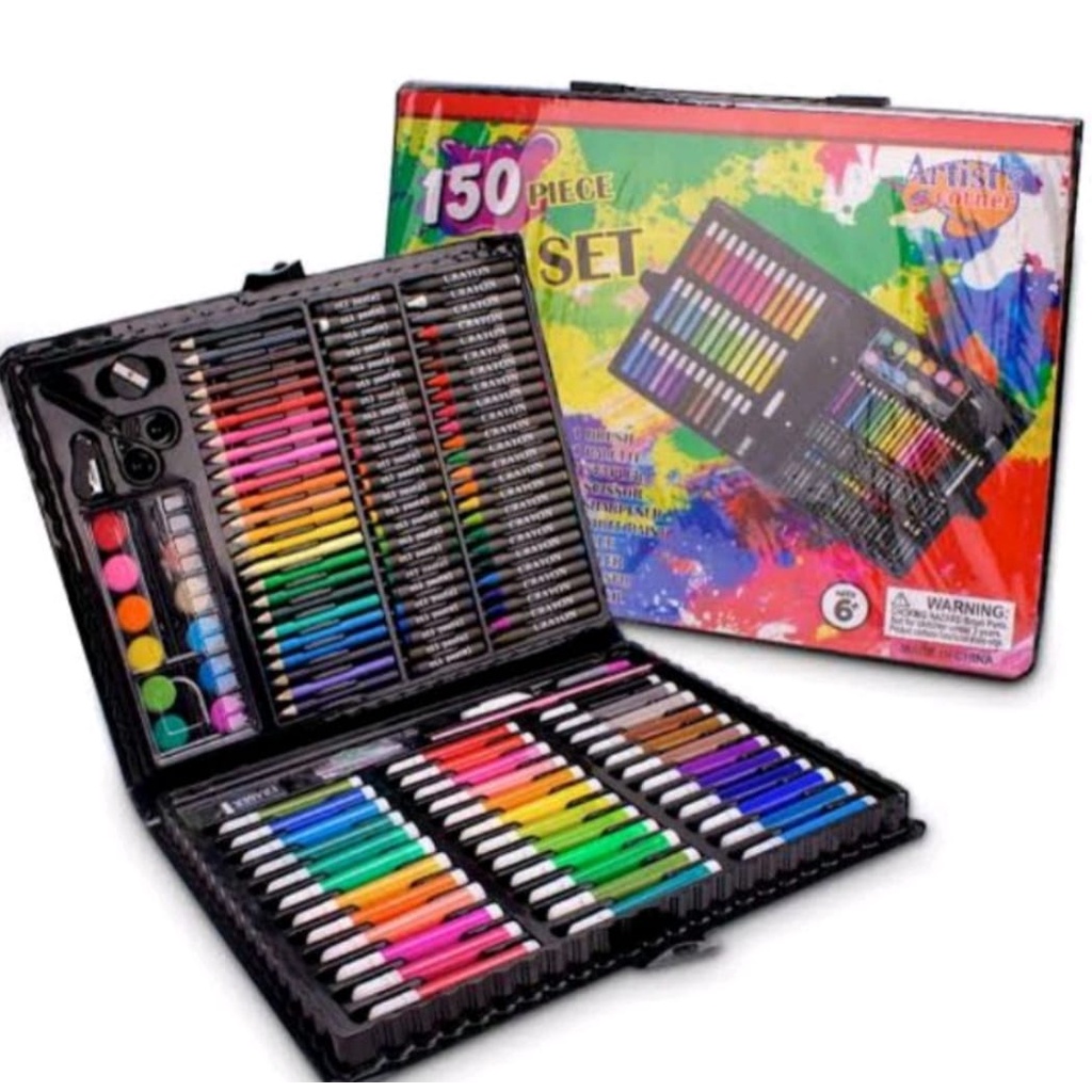 Crayon Art Set 150pcs Koper Warna Lengkap-Krayon Pensil Warna Alat Menggambar atau Mewarnai Hadiah Anak-Anak-Stationary Set isi 150pcs Perlengkapan Sekolah Anak Spidol Krayon Cat Air-Paints Kids Children Painting Drawing Tools Set with Colored Pencil