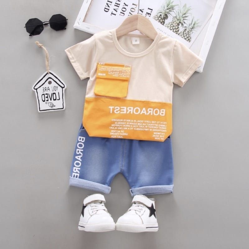 Setelan kaos kantong anak unisex laki laki perempuan setelan celana denim pakaian anak setelan anak baju anak