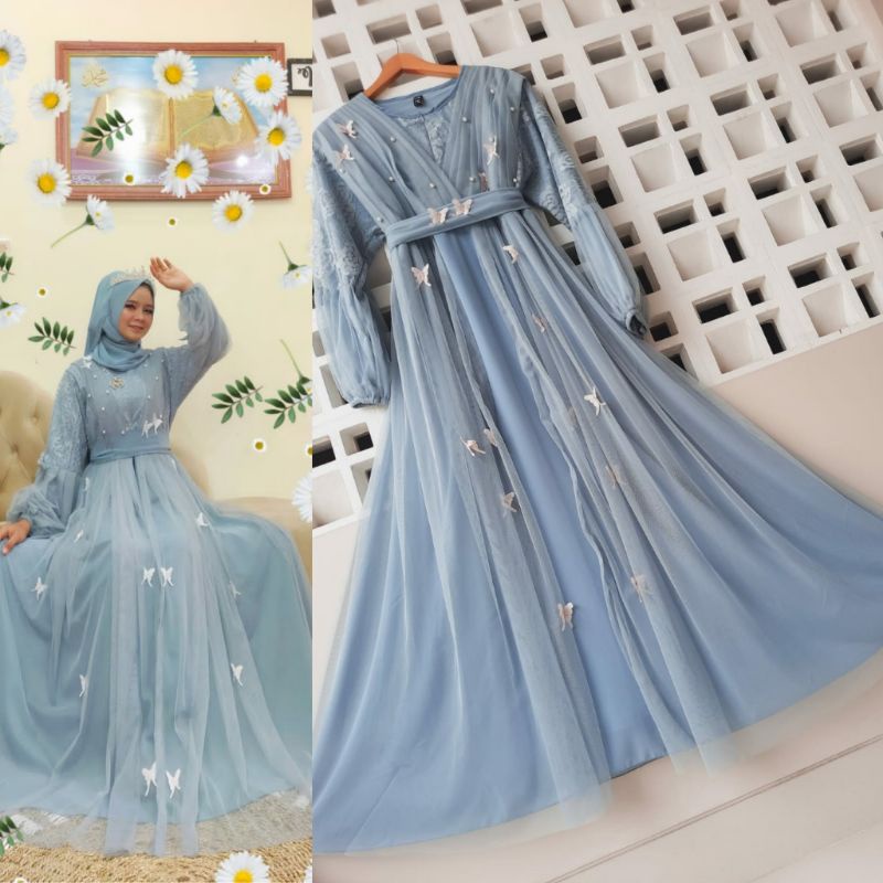 GAMIS TANIA KUPU KUPU TERBARU WARNA BIRU WARDAH UKURAN M L XL XXL / SERAGAM BRIDESMAIDS / GAMIS WANI
