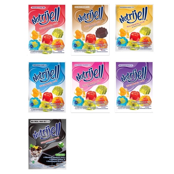 

nutrijell coklat 30gr, leci 15gr, strawberry 15gr, anggur 15gr, cincau 15gr, plain 15gr, mangga 15gr