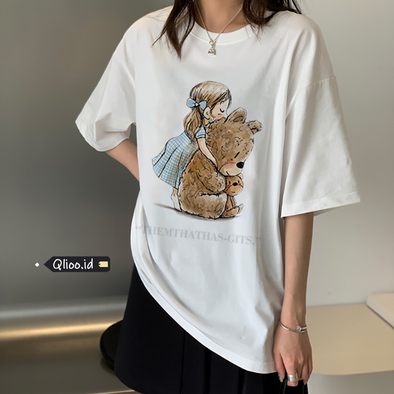 Print T-shirt Kaos Lengan Pendek Cartoon Bear girl Atasan Wanita Oversize Korean Style