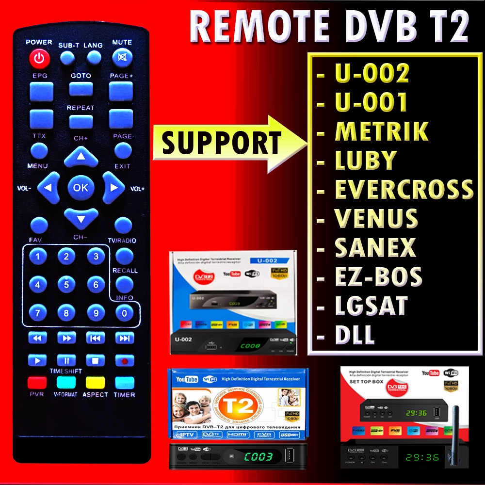 REMOTE REMOT DVB T2 DVBT2 STB SET TOP BOX  U-002 U-001 METRIK METRIX LUBY EVERCROSS VENUS SANEX EZ-BOS LGSAT