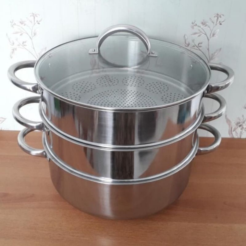 Panci Kukus Super Steamer Supra 40 cm Susun 3 Stainless Tutup Kaca