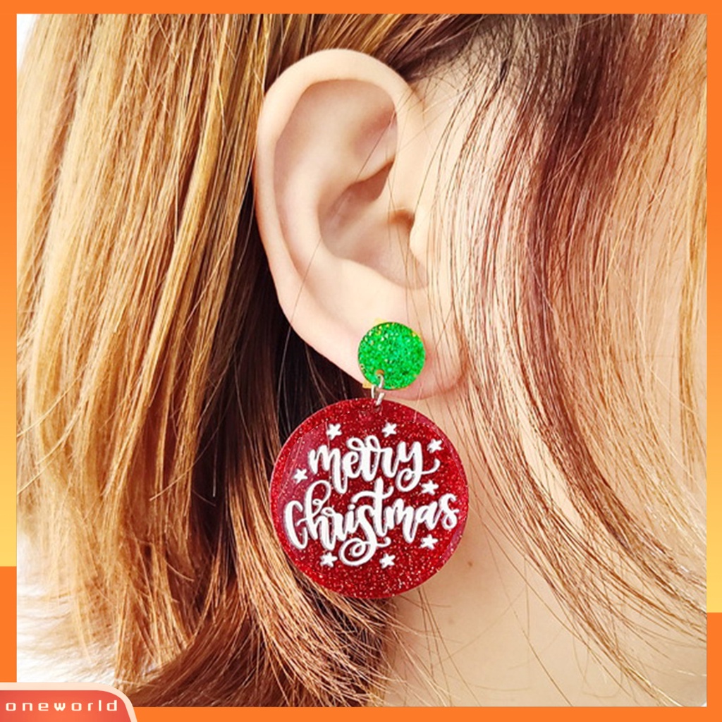 [WONE] 1pasang Anting Menjuntai Hias All-match Glittery Merry Christmas Geometrical Round Hoop Earrings Untuk Perjamuan